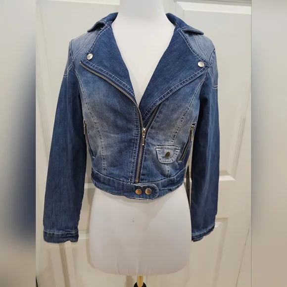 Wet Seal Wall Flower Distressed Blue Denim Zip Jean Moto Jacket Coat S - Picture 7 of 7